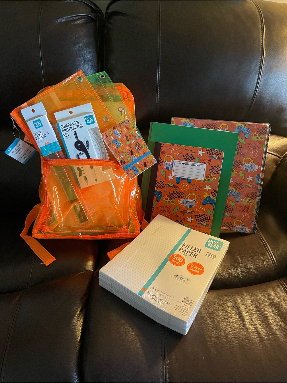 Neon Orange Clear Backpack with School Supplies